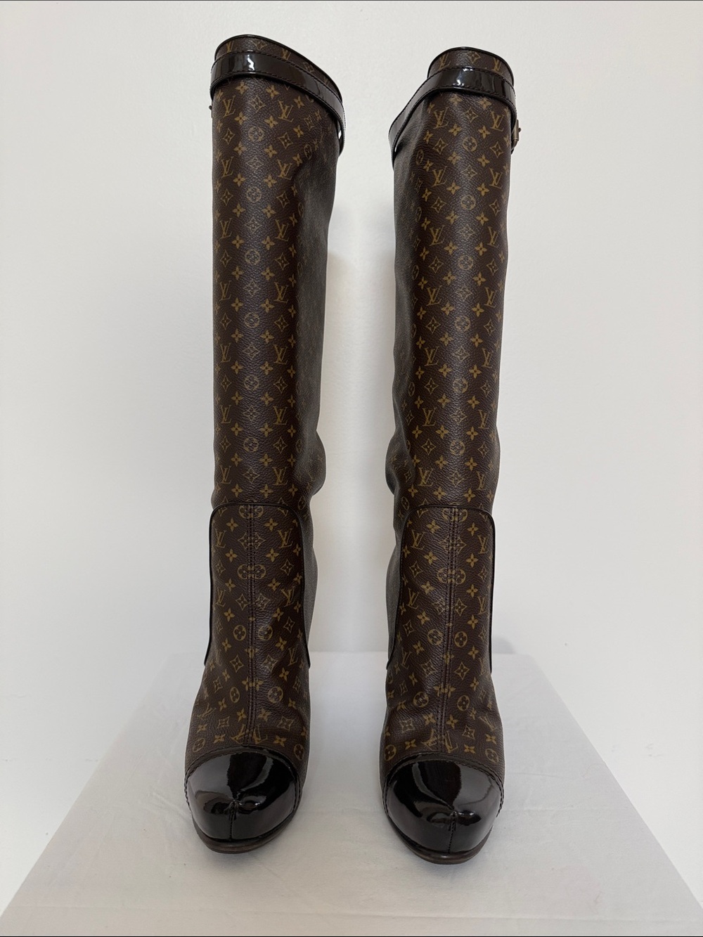 Louis Vuitton Brown Monogram Over-the-Knee Boots with Black Patent Trim